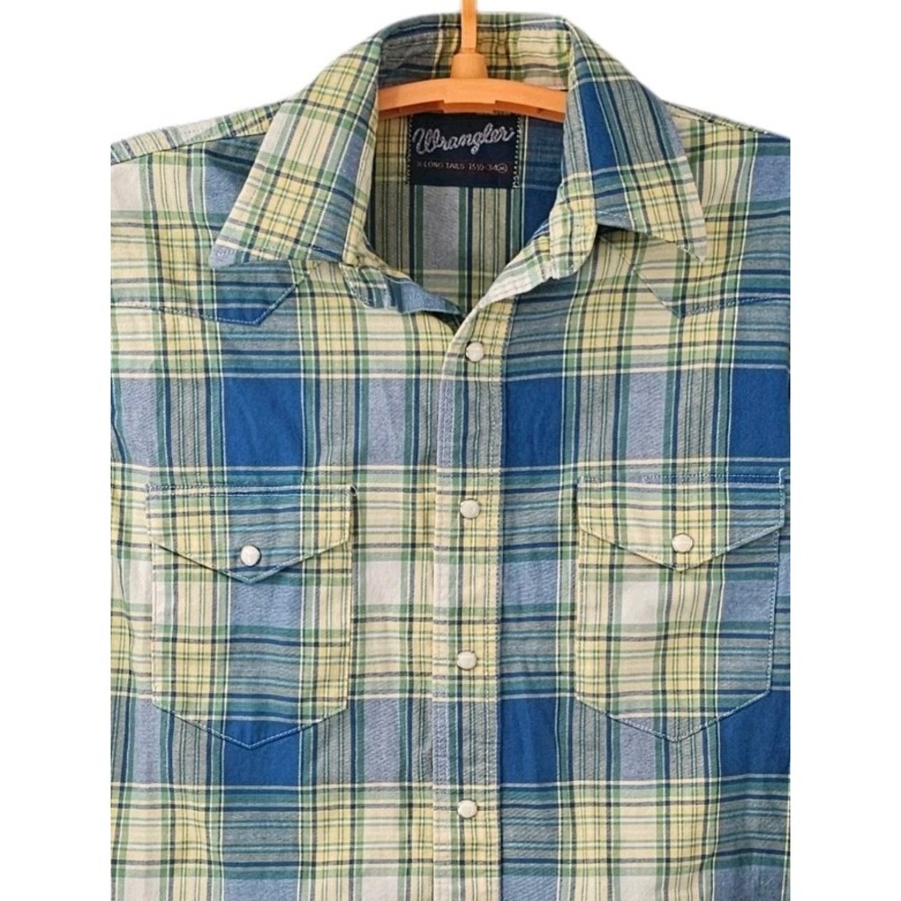 VTG Wrangler X-Long Tails Plaid Pearl‎ Snap Medium Button Up Western Shirt